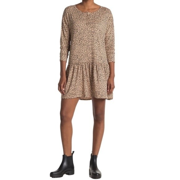 Lush long sleeve leopard animal print drop waist dress size large - Picture 2 of 8